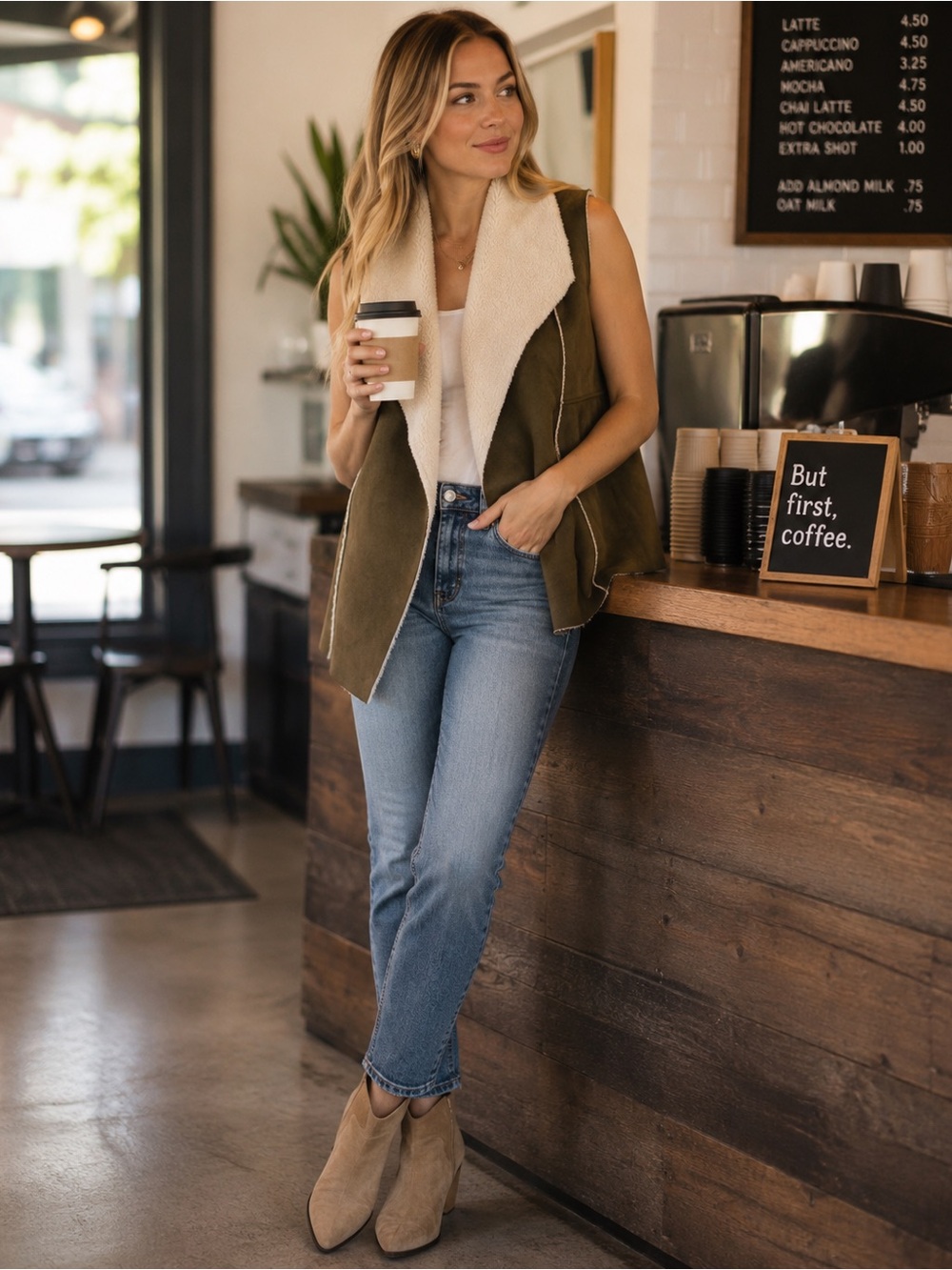 Olive Faux-Suede Vest with Cream Faux-Shearling Collar